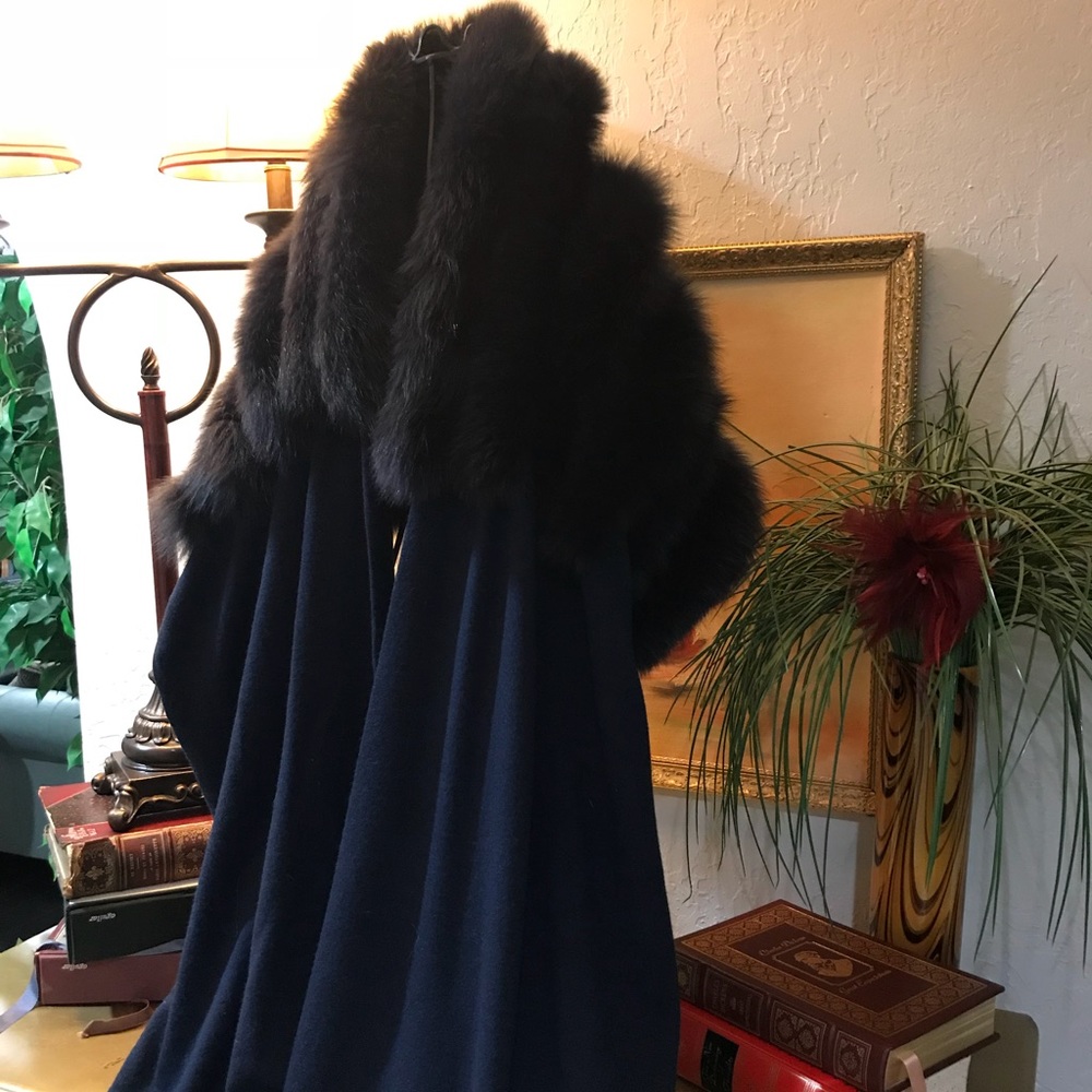 Navy Blue Knit Jersey Scarf with Fox Trim